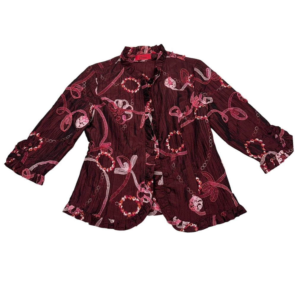 Carina red Crinkle Ribbon Applique Floral Ruffle Art to Wear Jacket Womens M